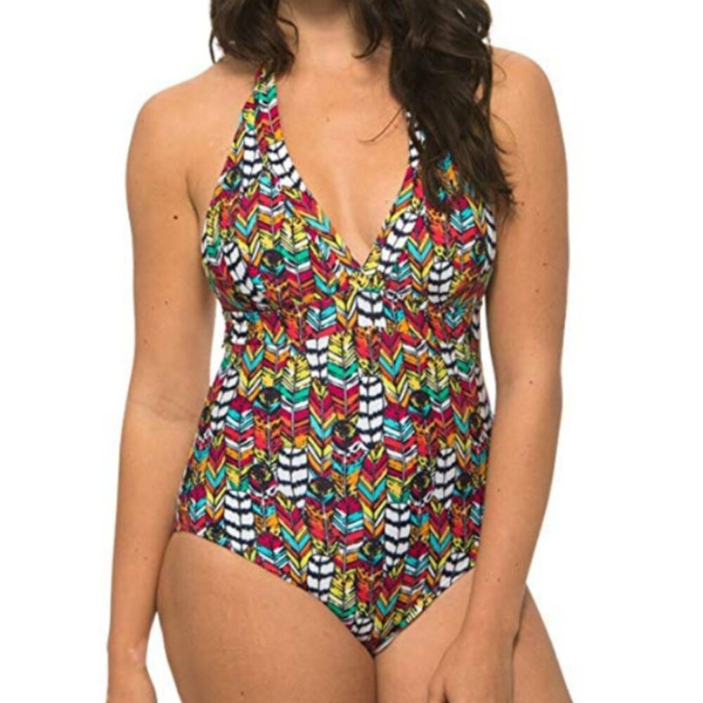 NWT! Beach Party Halter One Piece Swimsuit in Colorful Feathers